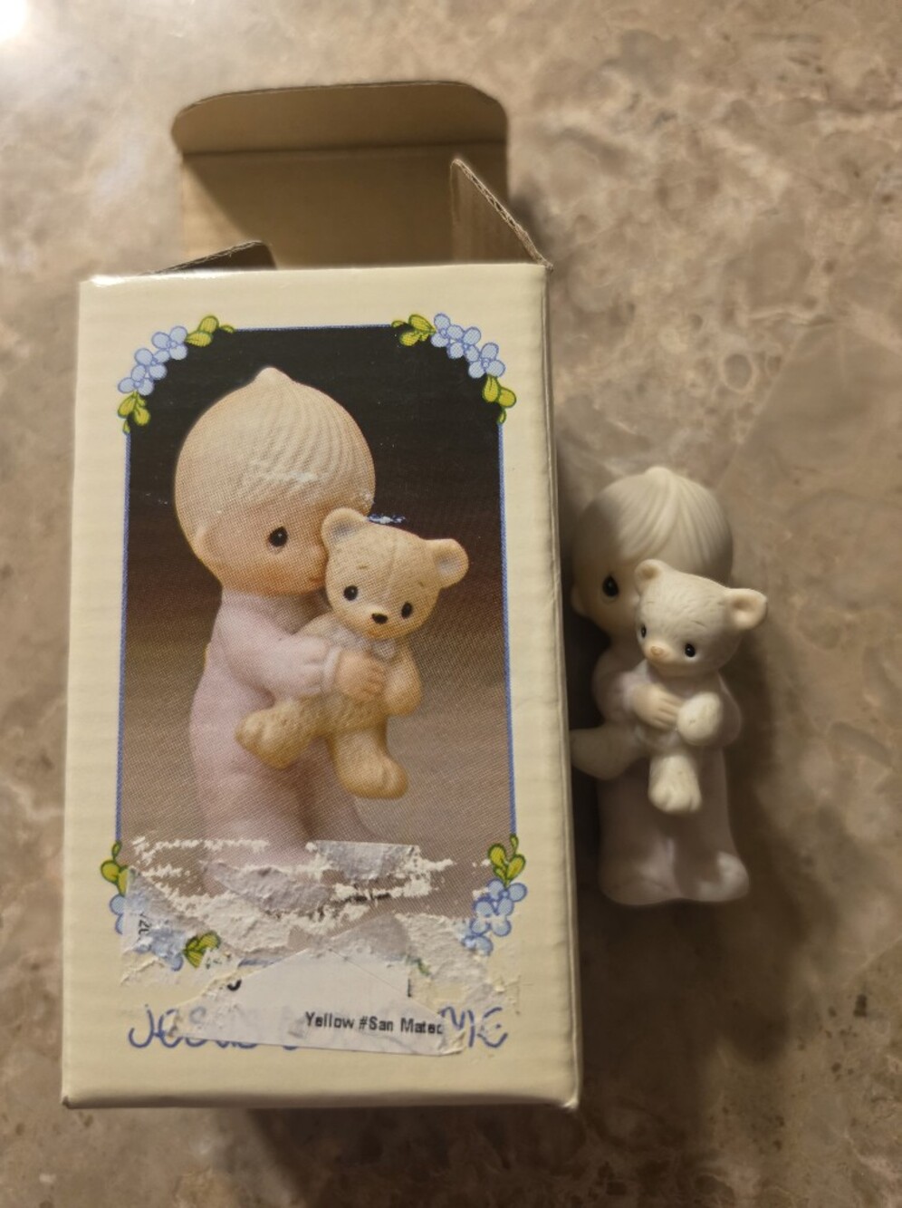 Precious Moments Child in Lavender Robe Hugging White Teddy
